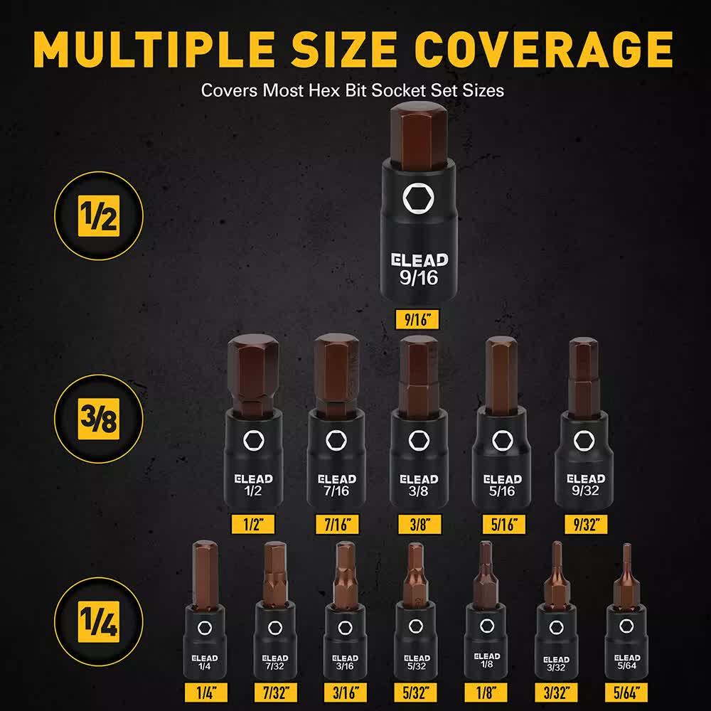 16Pc SAE Hex Bit Impact Socket Set 5/64"-9/16" Allen Socket Set Socket Adapter V465-70072