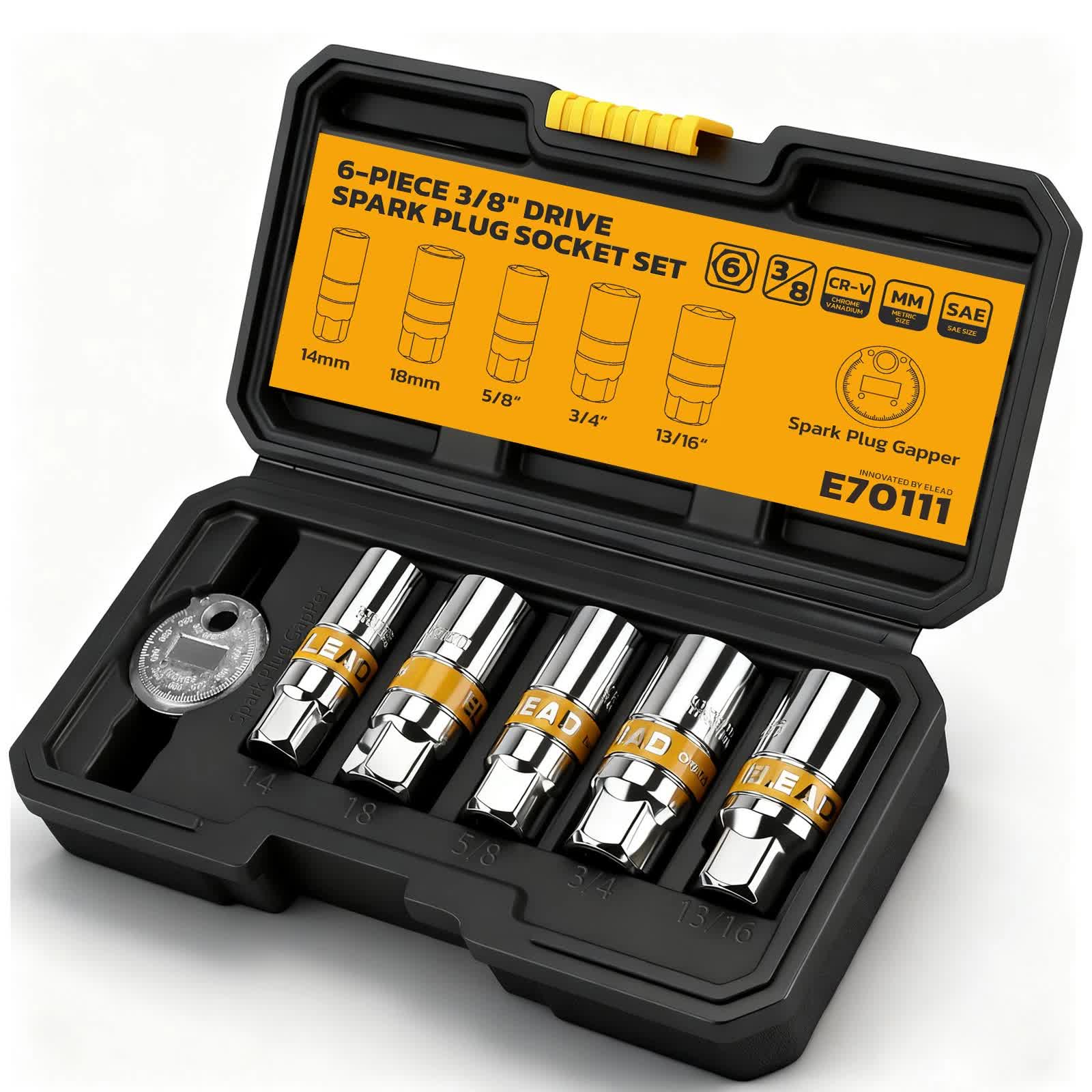 6Pcs 3/8" Drive Spark Plug Socket Set Spark Plug Gapper SAE & Metric CR-V Socket V465-70111