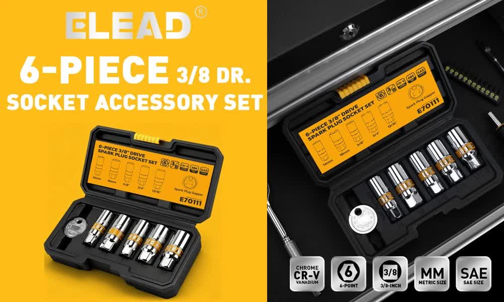 6Pcs 3/8" Drive Spark Plug Socket Set Spark Plug Gapper SAE & Metric CR-V Socket V465-70111
