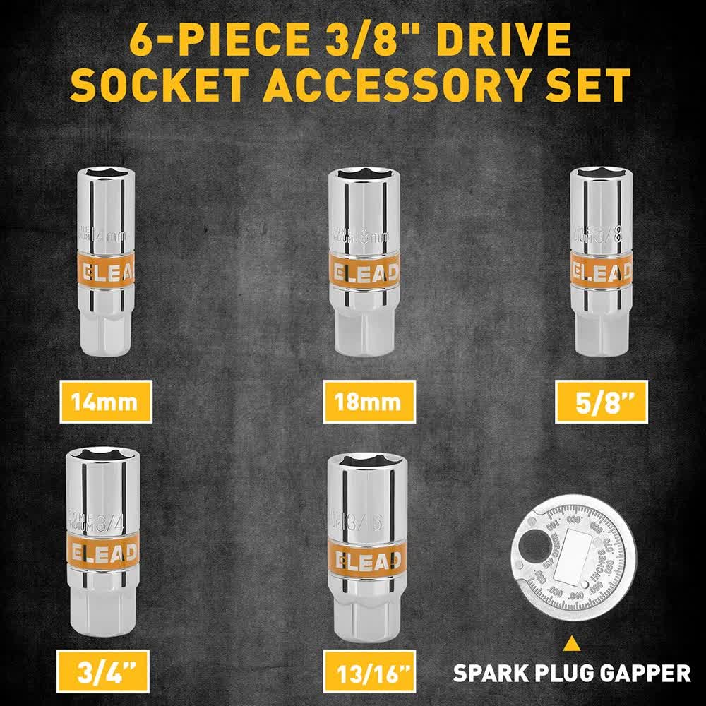 6Pcs 3/8" Drive Spark Plug Socket Set Spark Plug Gapper SAE & Metric CR-V Socket V465-70111