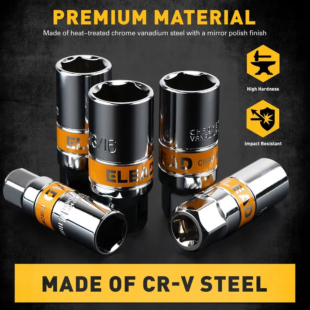 6Pcs 3/8" Drive Spark Plug Socket Set Spark Plug Gapper SAE & Metric CR-V Socket V465-70111
