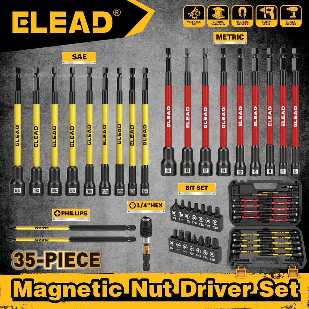 ELEAD 35Pcs Magnetic Nut Driver Bit Set Metric SAE 1/4" Hex Drill CR-V Steel V465-70136