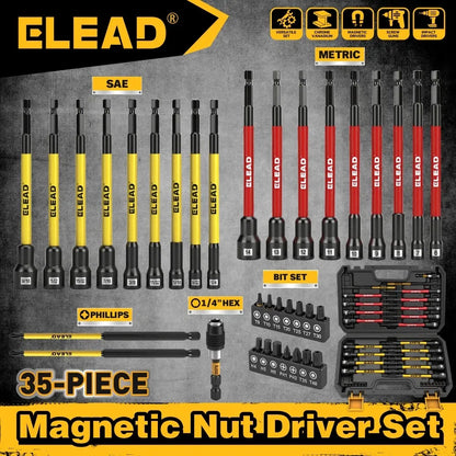 ELEAD 35Pcs Magnetic Nut Driver Bit Set Metric SAE 1/4" Hex Drill CR-V Steel V465-70136