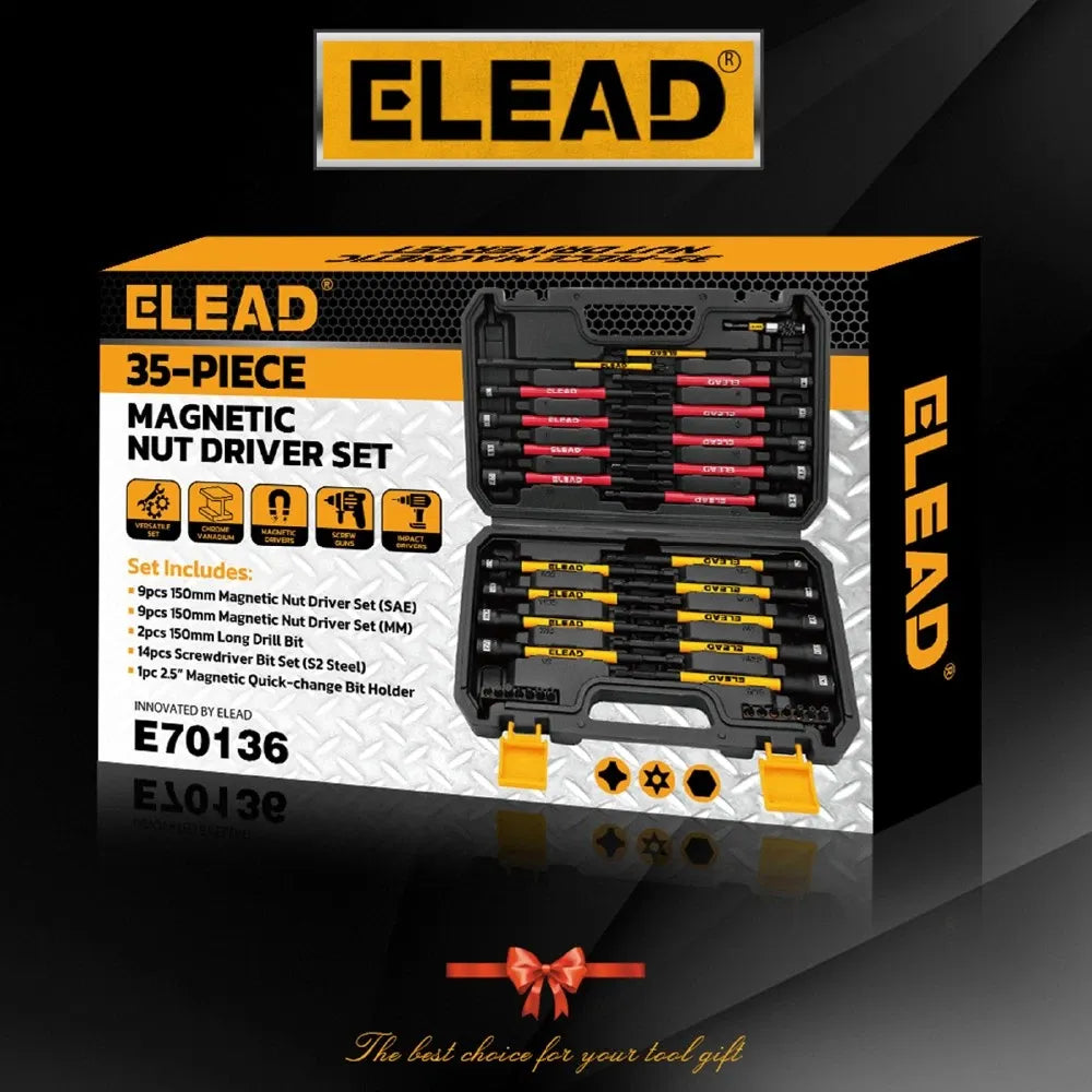 ELEAD 35Pcs Magnetic Nut Driver Bit Set Metric SAE 1/4" Hex Drill CR-V Steel V465-70136