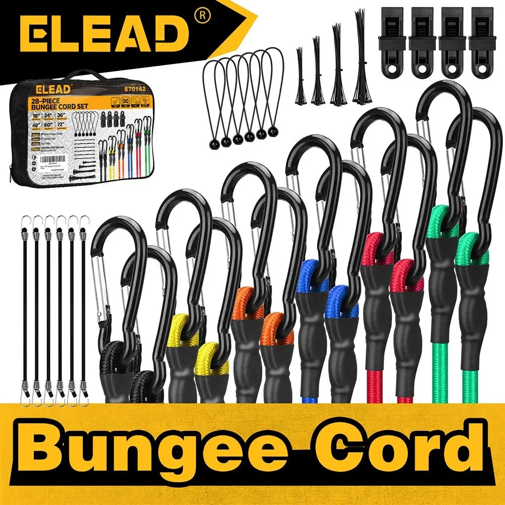 ELEAD 28PCS Bungee Cord Set Carabiner Hooks Assorted Sizes Heavy Duty Tie Down V465-70142