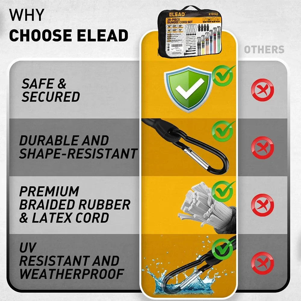 ELEAD 28PCS Bungee Cord Set Carabiner Hooks Assorted Sizes Heavy Duty Tie Down V465-70142
