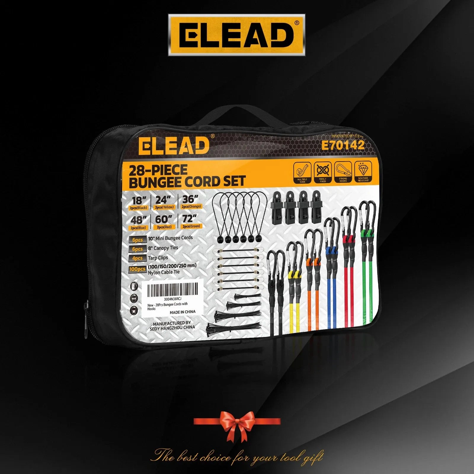 ELEAD 28PCS Bungee Cord Set Carabiner Hooks Assorted Sizes Heavy Duty Tie Down V465-70142