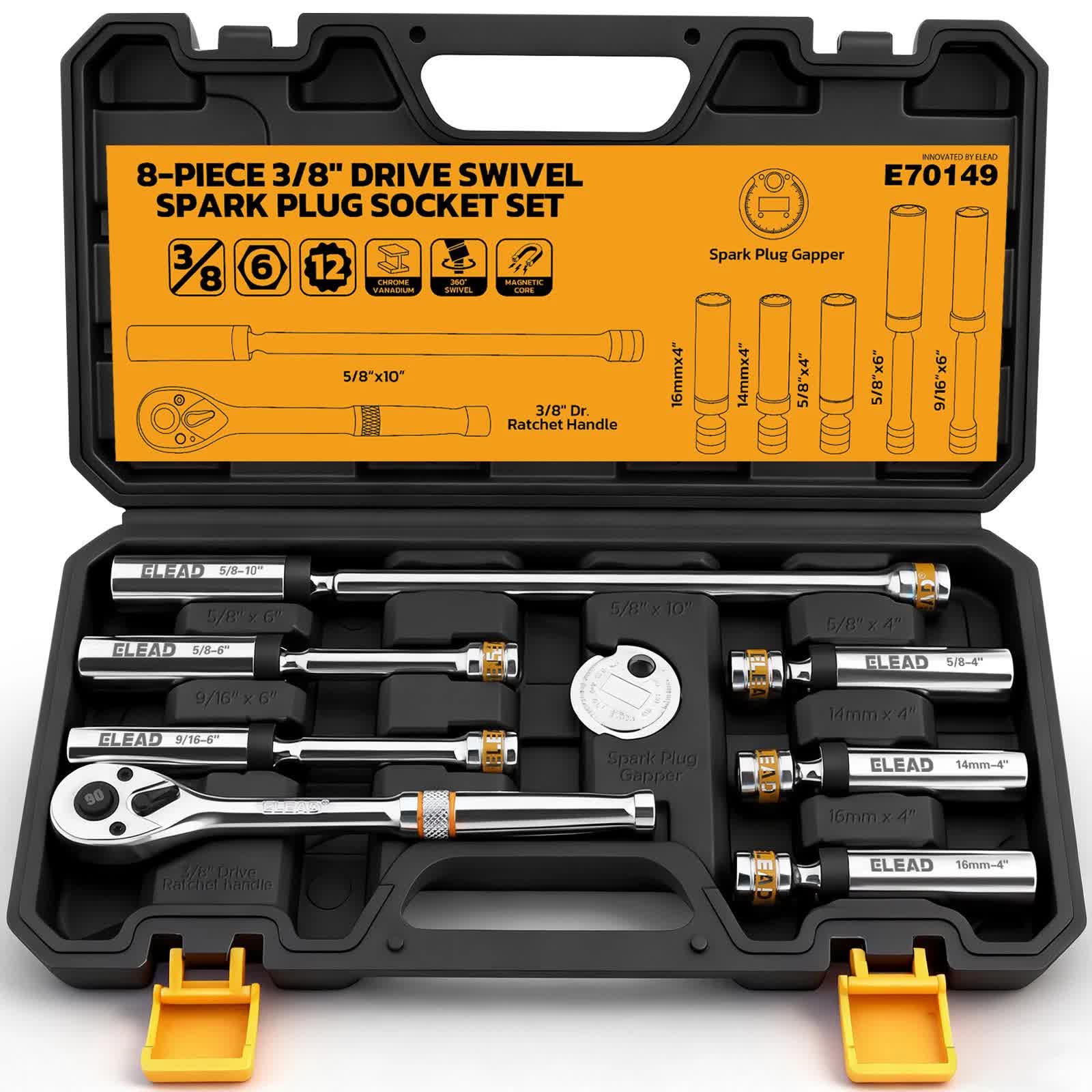 8-Piece 3/8" Drive Magnetic Swivel Spark Plug Socket Set Spark Plug Removal Tool V465-70149