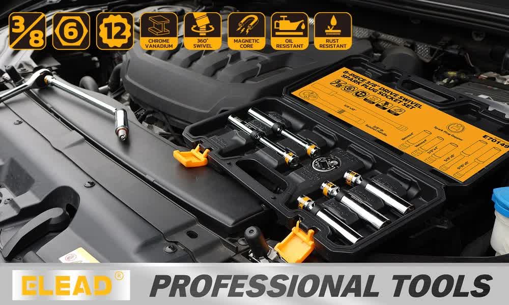 8-Piece 3/8" Drive Magnetic Swivel Spark Plug Socket Set Spark Plug Removal Tool V465-70149