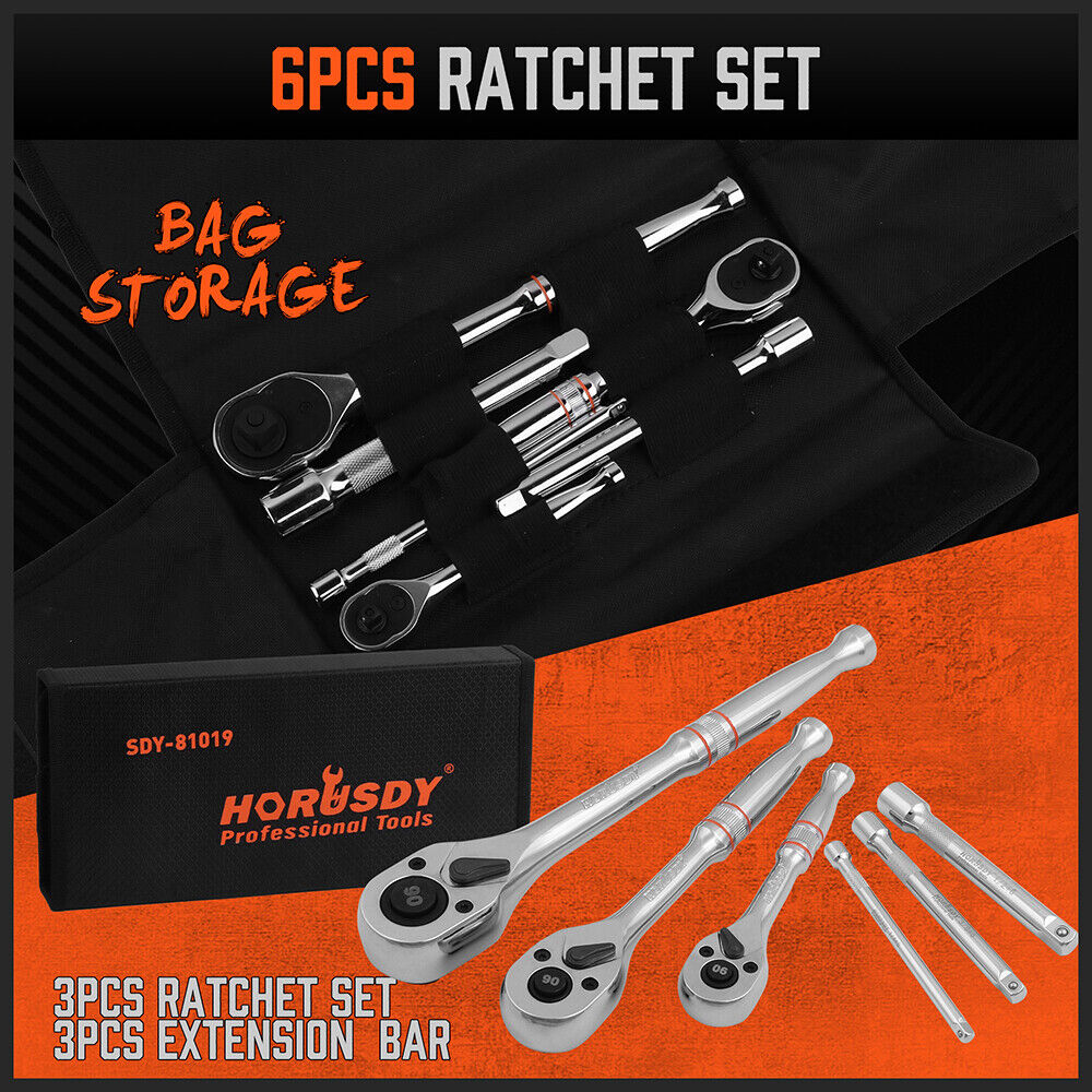 Mini Ratchet Spanner 1/2 3/8 1/4 Drive 90 Tooth Extension Bar Workshop With Bag V465-81019-AU