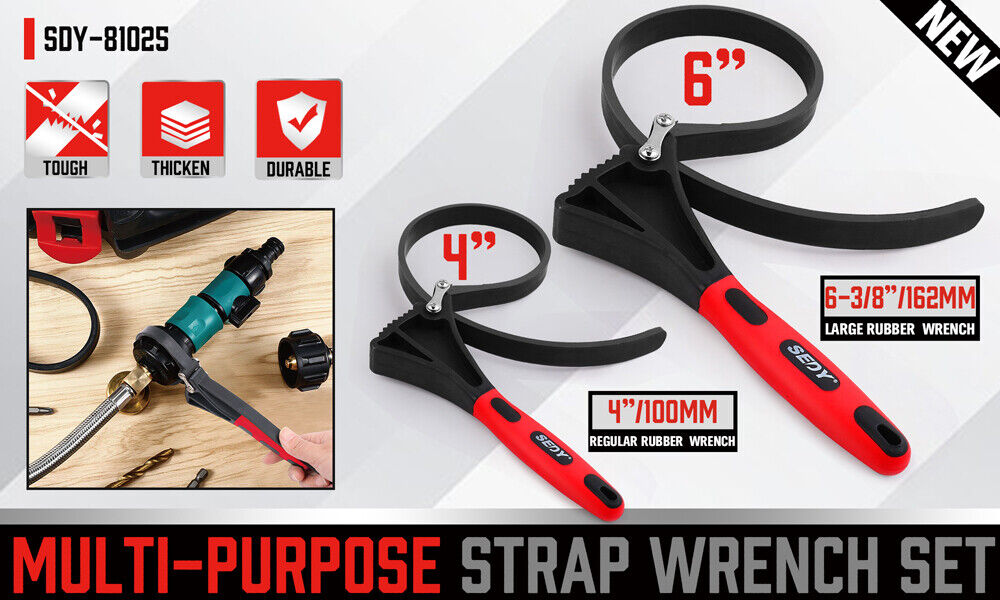 2x Rubber Strap Wrench Adjustable DIY Plumber Jars Hose Pipe Oil Filter Opener V465-81025