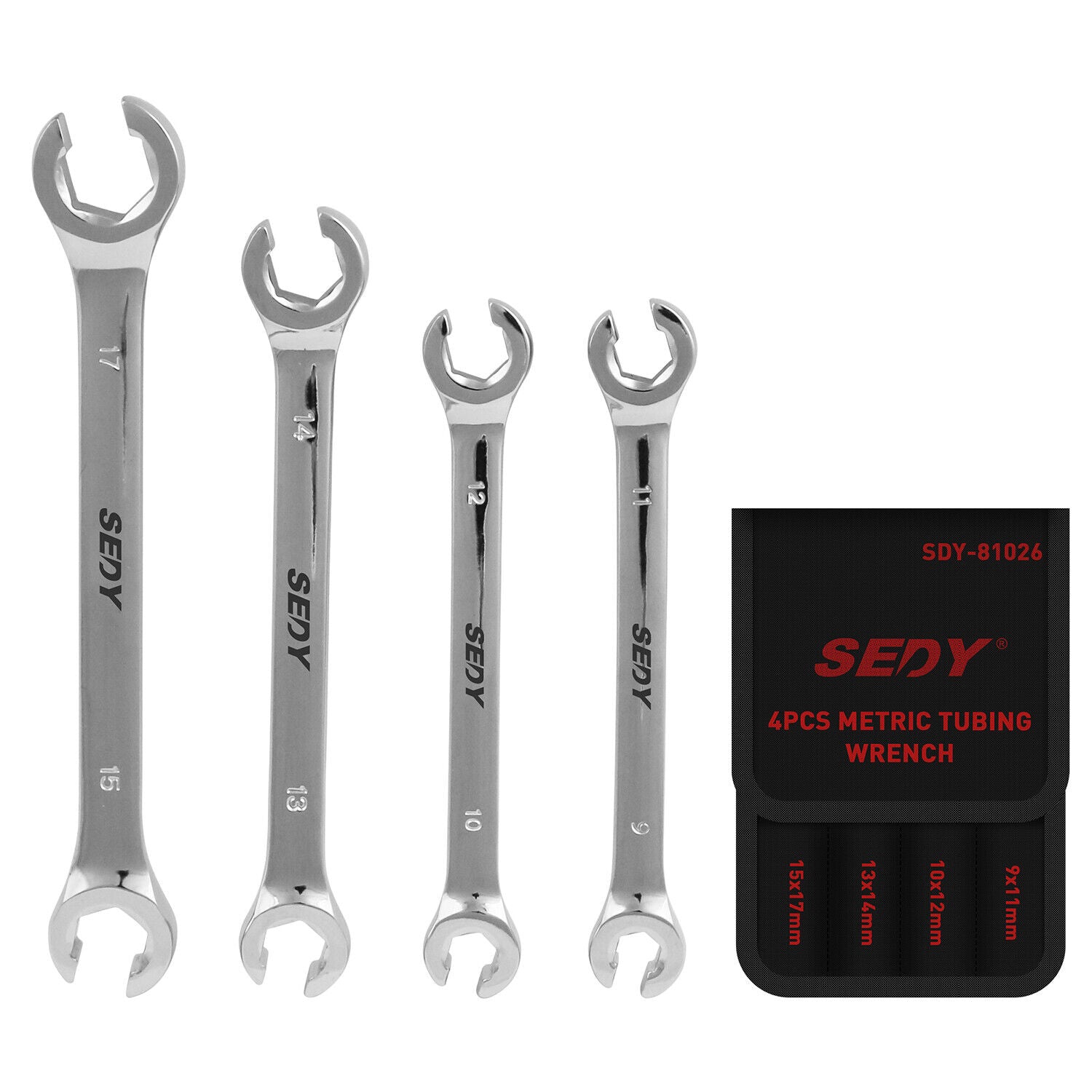 SEDY 4Pc Flare Nut Wrench Set Offset End Spanner Metric CR-V Steel Storage Pouch V465-81026