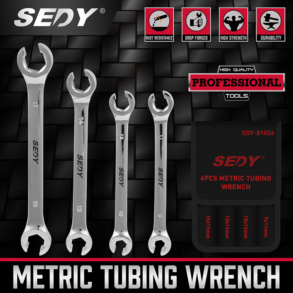 SEDY 4Pc Flare Nut Wrench Set Offset End Spanner Metric CR-V Steel Storage Pouch V465-81026