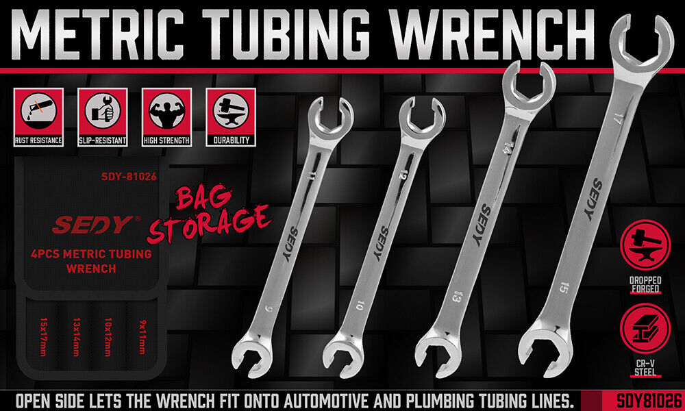 SEDY 4Pc Flare Nut Wrench Set Offset End Spanner Metric CR-V Steel Storage Pouch V465-81026