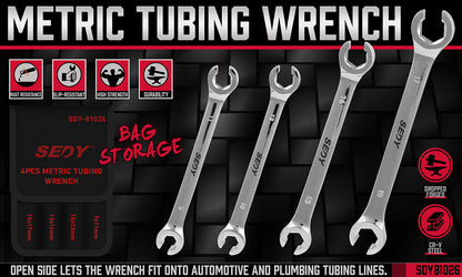 SEDY 4Pc Flare Nut Wrench Set Offset End Spanner Metric CR-V Steel Storage Pouch V465-81026