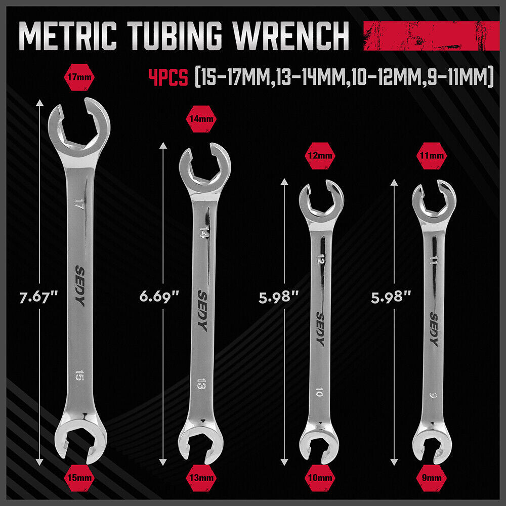 SEDY 4Pc Flare Nut Wrench Set Offset End Spanner Metric CR-V Steel Storage Pouch V465-81026