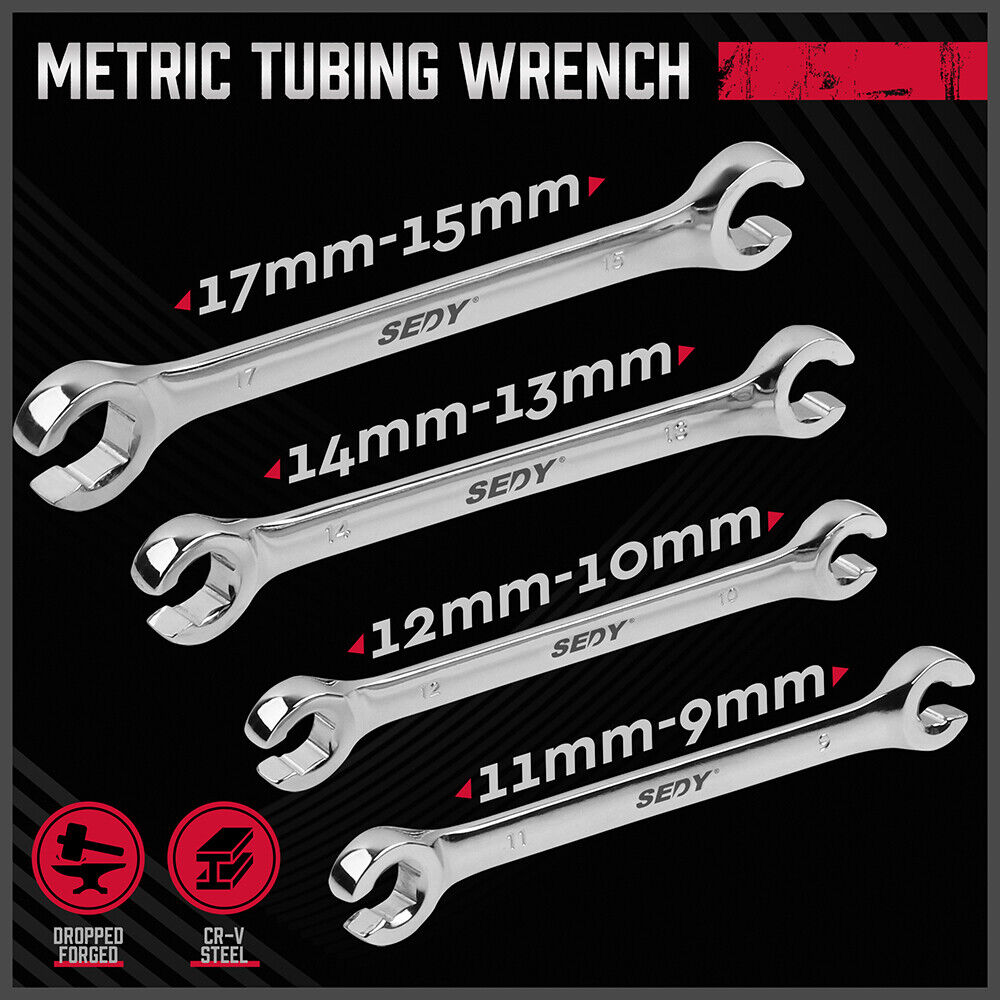 SEDY 4Pc Flare Nut Wrench Set Offset End Spanner Metric CR-V Steel Storage Pouch V465-81026