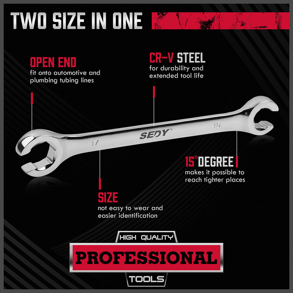 SEDY 4Pc Flare Nut Wrench Set Offset End Spanner Metric CR-V Steel Storage Pouch V465-81026
