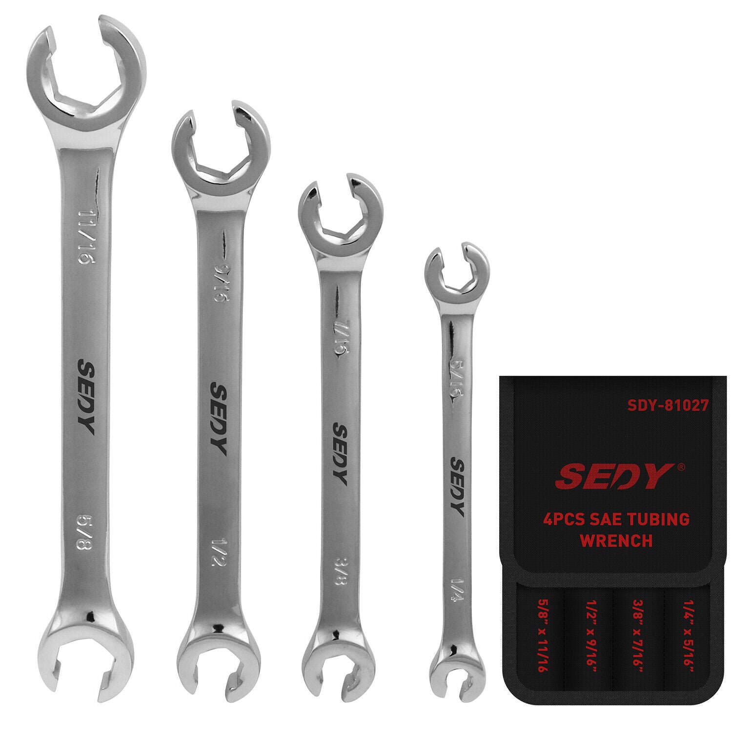 SEDY 4Pc Flare Nut Spanner Set SAE Brake Line Wrench Offset Head Organizer Pouch V465-81027