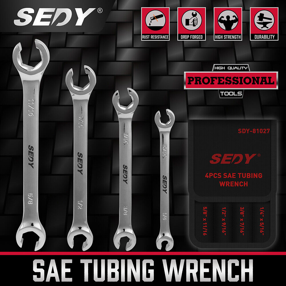 SEDY 4Pc Flare Nut Spanner Set SAE Brake Line Wrench Offset Head Organizer Pouch V465-81027
