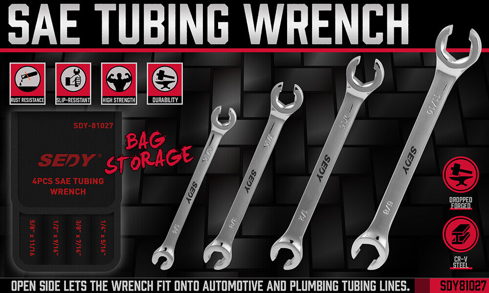 SEDY 4Pc Flare Nut Spanner Set SAE Brake Line Wrench Offset Head Organizer Pouch V465-81027