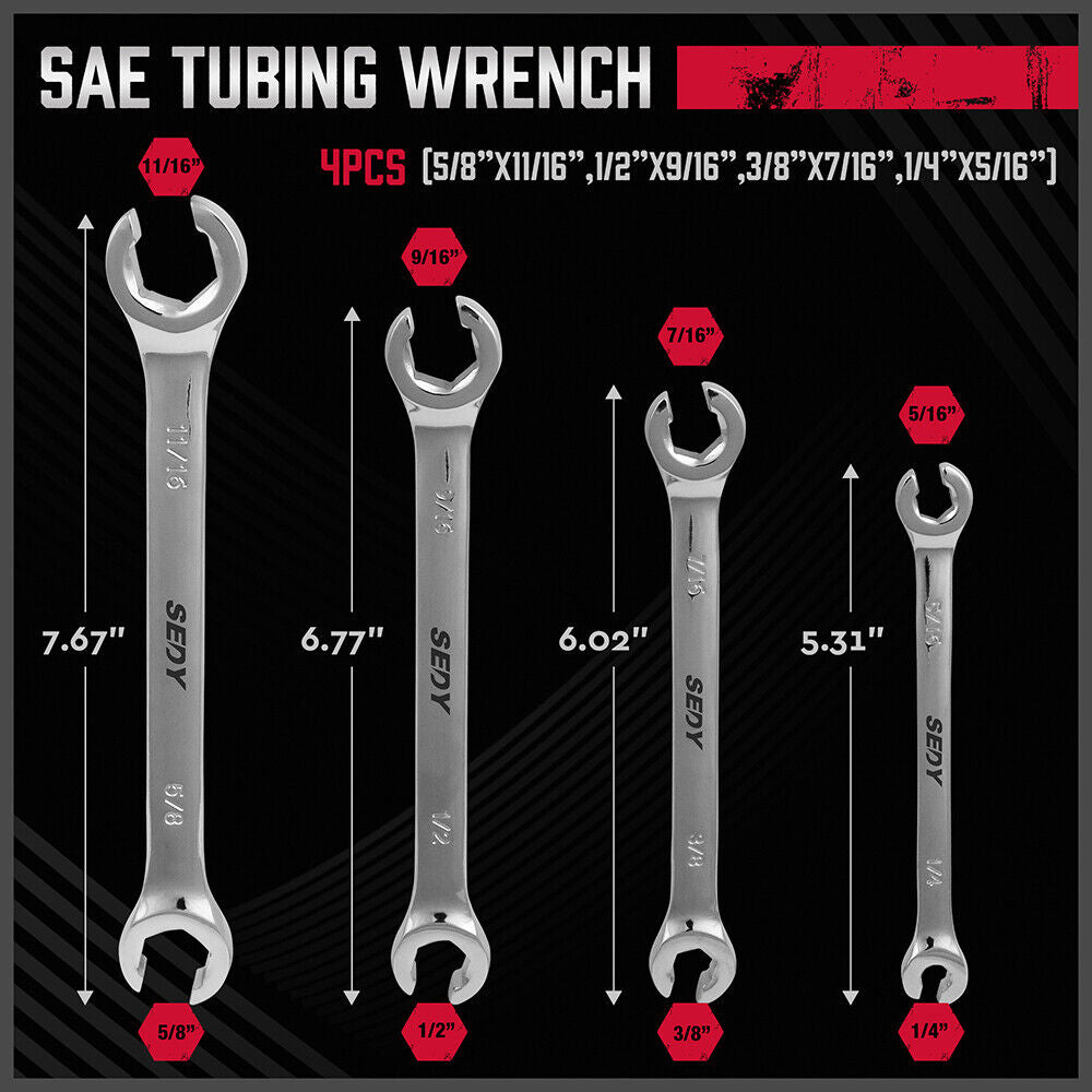 SEDY 4Pc Flare Nut Spanner Set SAE Brake Line Wrench Offset Head Organizer Pouch V465-81027