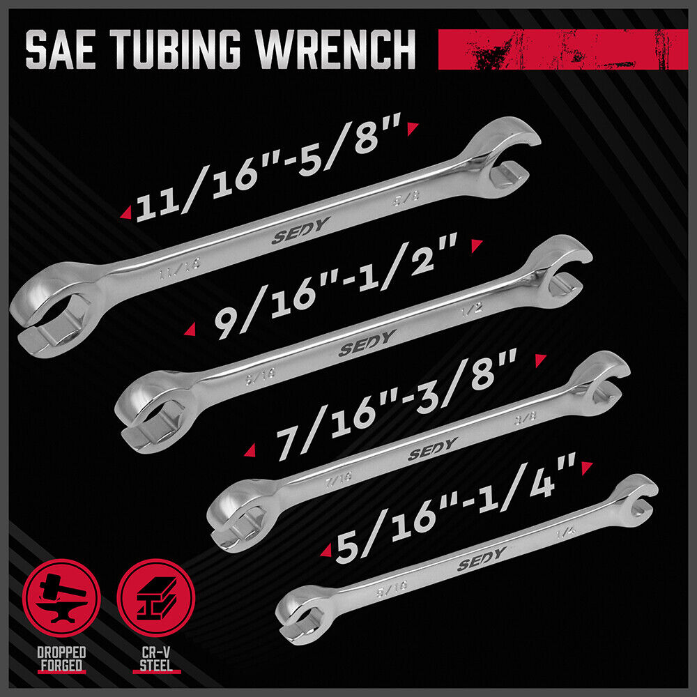 SEDY 4Pc Flare Nut Spanner Set SAE Brake Line Wrench Offset Head Organizer Pouch V465-81027