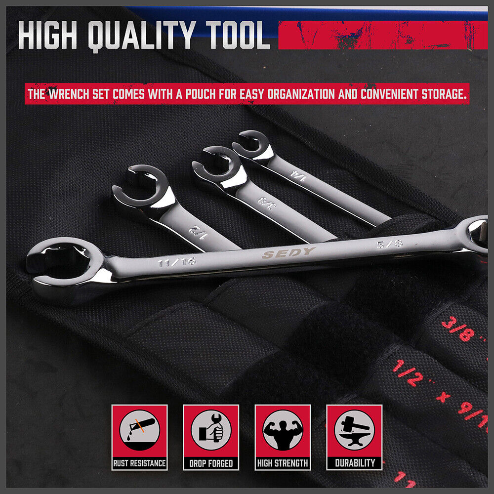 SEDY 4Pc Flare Nut Spanner Set SAE Brake Line Wrench Offset Head Organizer Pouch V465-81027