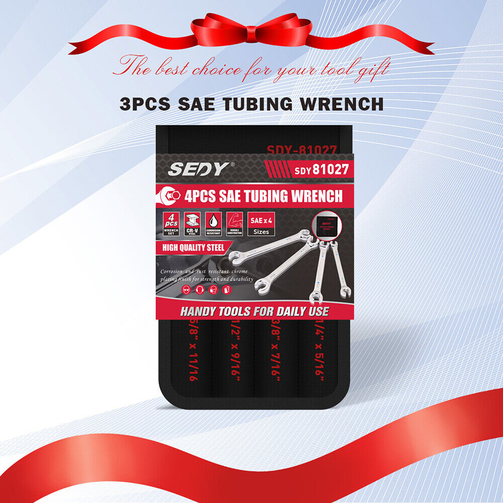 SEDY 4Pc Flare Nut Spanner Set SAE Brake Line Wrench Offset Head Organizer Pouch V465-81027