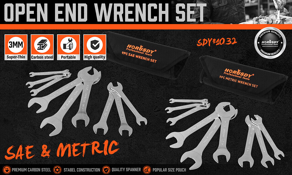 HORUSDY Super Thin 18Pc Wrench Set Open End Spanner 3mm CRV Metric & SAE w Pouch V465-81032