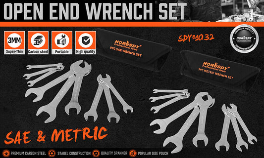 HORUSDY Super Thin 18Pc Wrench Set Open End Spanner 3mm CRV Metric & SAE w Pouch V465-81032
