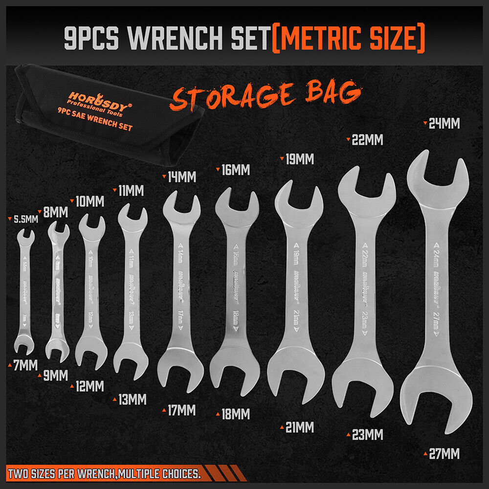 HORUSDY Super Thin 18Pc Wrench Set Open End Spanner 3mm CRV Metric & SAE w Pouch V465-81032