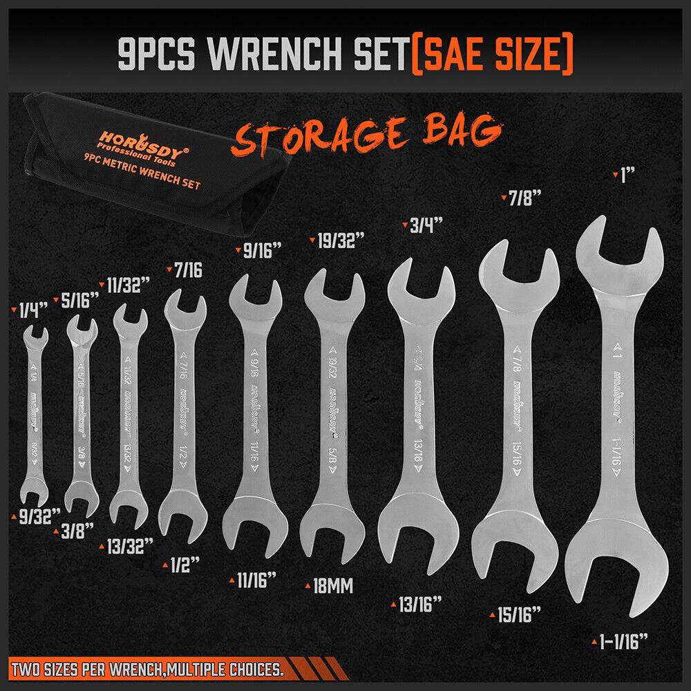 HORUSDY Super Thin 18Pc Wrench Set Open End Spanner 3mm CRV Metric & SAE w Pouch V465-81032