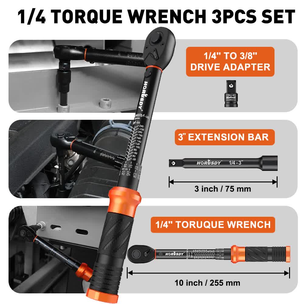 3Pc 1/4" Drive Click Torque Wrench Ratchet Socket Adaptor Extension WorkShop V465-81035