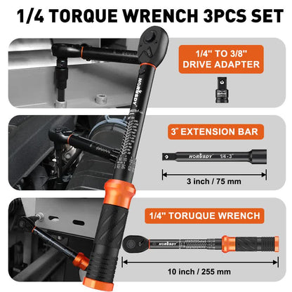 3Pc 1/4" Drive Click Torque Wrench Ratchet Socket Adaptor Extension WorkShop V465-81035