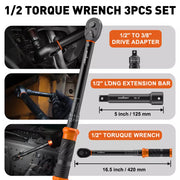 3Pc 1/2" Drive Click Torque Wrench Ratchet Socket Adaptor Extension WorkShop V465-81037