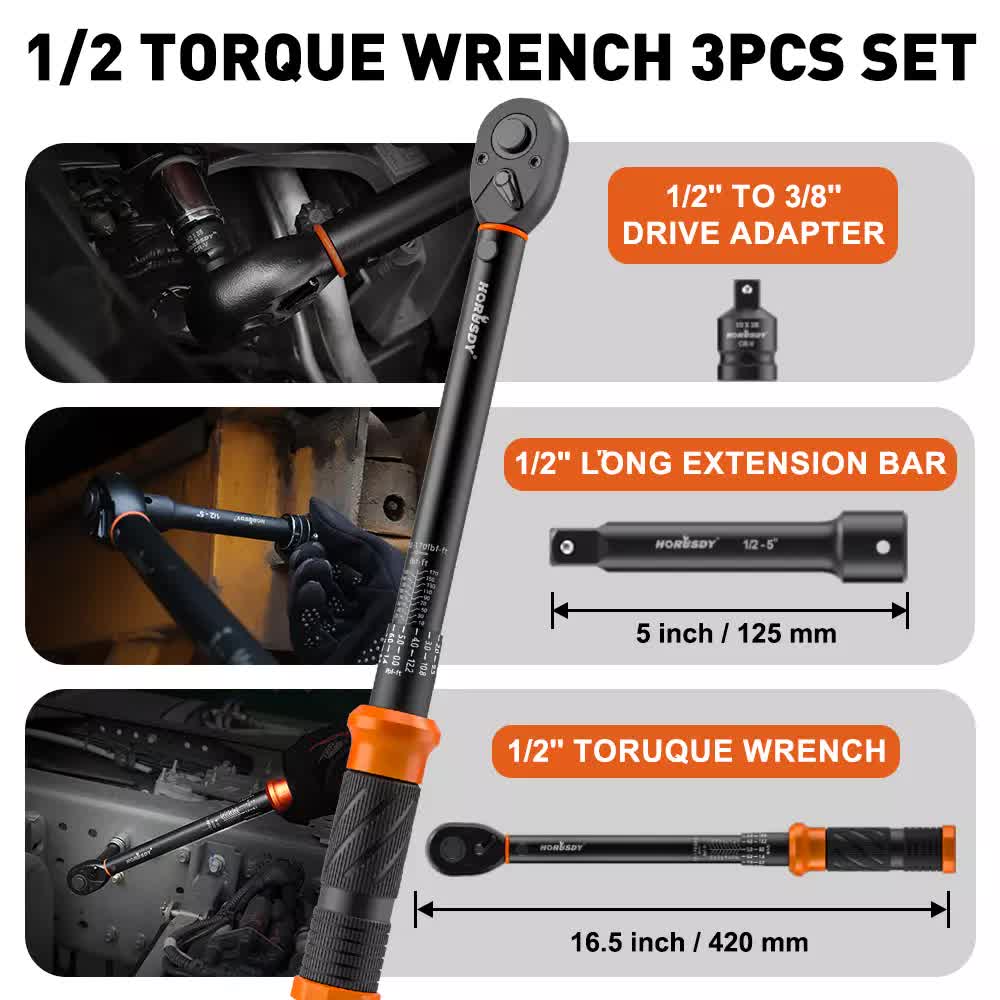 3Pc 1/2" Drive Click Torque Wrench Ratchet Socket Adaptor Extension WorkShop V465-81037