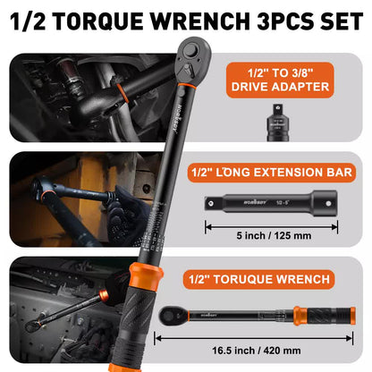 3Pc 1/2" Drive Click Torque Wrench Ratchet Socket Adaptor Extension WorkShop V465-81037