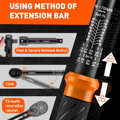 3Pc 1/2" Drive Click Torque Wrench Ratchet Socket Adaptor Extension WorkShop V465-81037