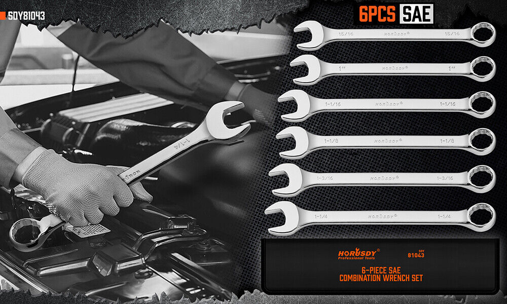 6Pc Extra Big Imperial Combination Spanner Ring Open Ended Combo Wrench Work V465-81043