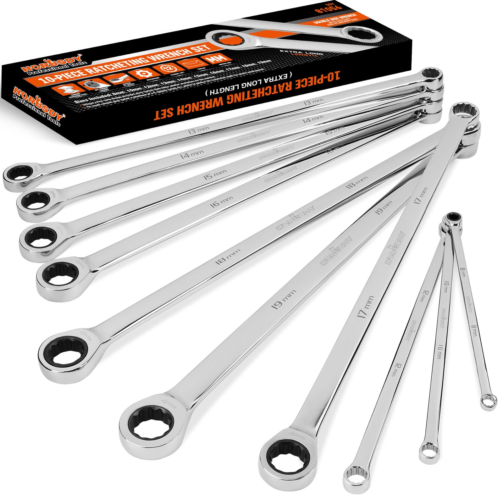 HORUSDY 10Pc Extra Long Ratchet Spanner Set Aviation Double End 8-19mm w/t Pouch V465-81056