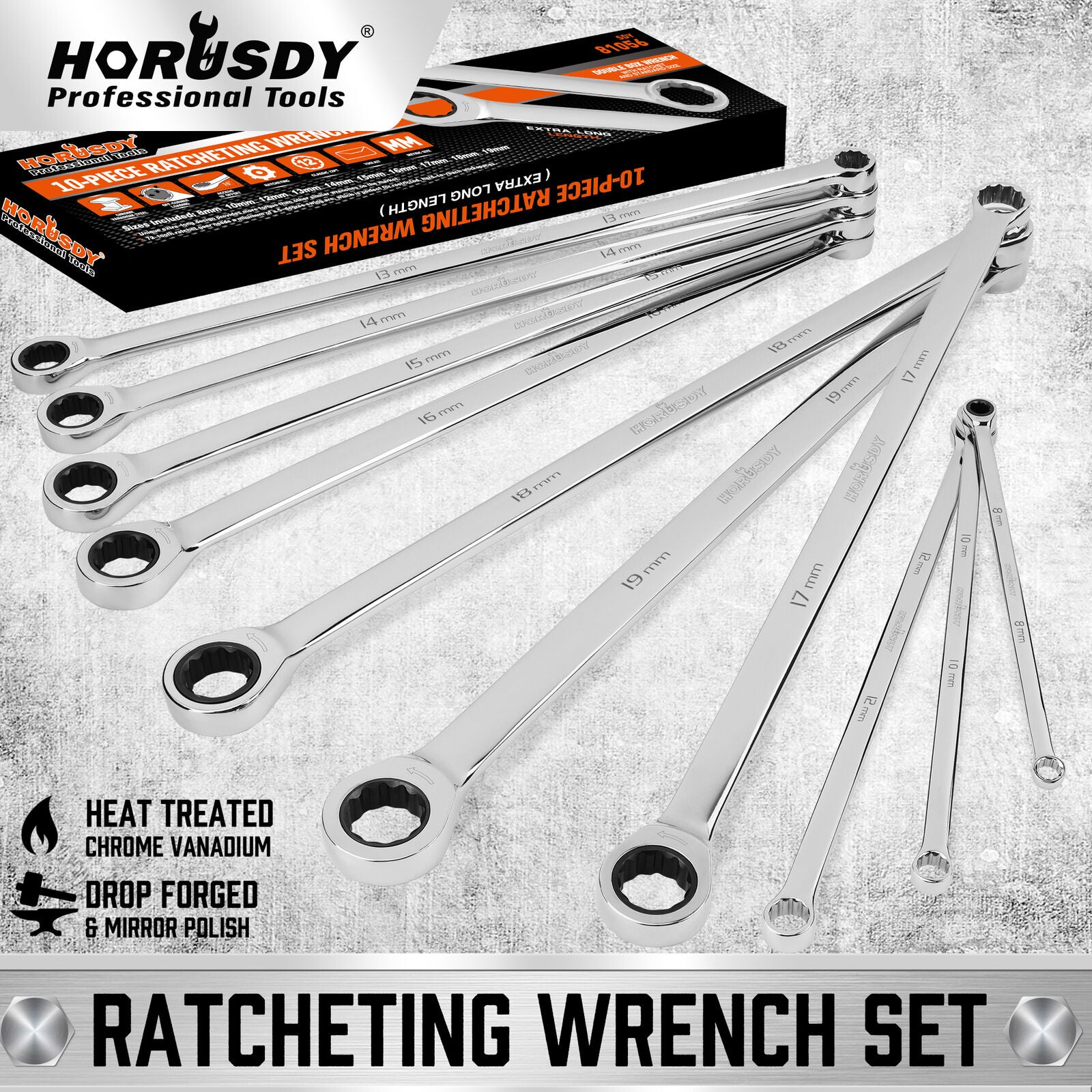 HORUSDY 10Pc Extra Long Ratchet Spanner Set Aviation Double End 8-19mm w/t Pouch V465-81056