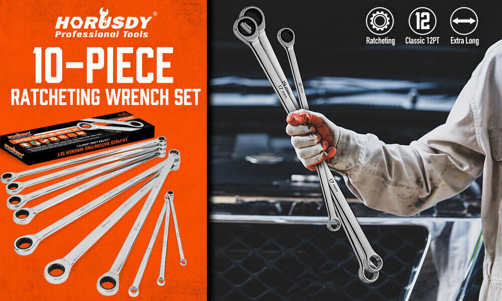HORUSDY 10Pc Extra Long Ratchet Spanner Set Aviation Double End 8-19mm w/t Pouch V465-81056