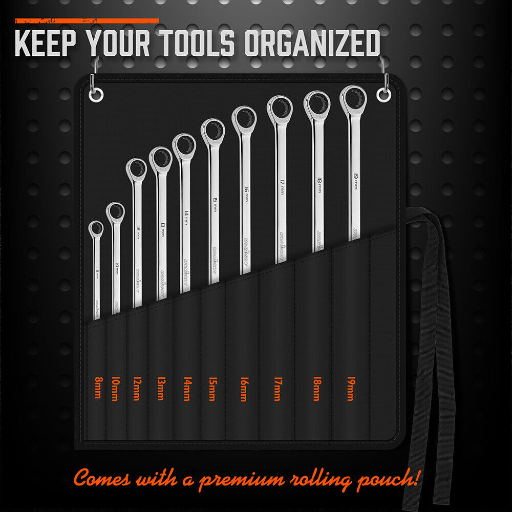 HORUSDY 10Pc Extra Long Ratchet Spanner Set Aviation Double End 8-19mm w/t Pouch V465-81056
