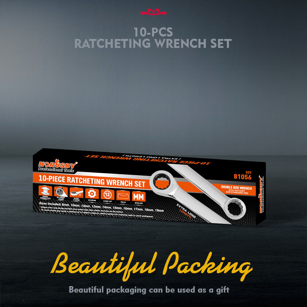 HORUSDY 10Pc Extra Long Ratchet Spanner Set Aviation Double End 8-19mm w/t Pouch V465-81056