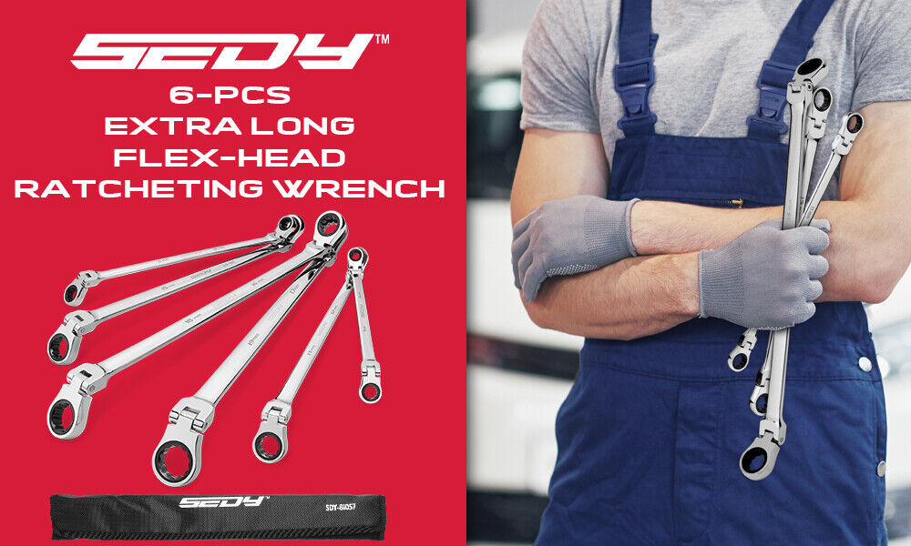 SEDY 6Pcs Extra Long Flex-Head Ratchet Spanner Set Double Box End Spanner 8-19mm V465-81057