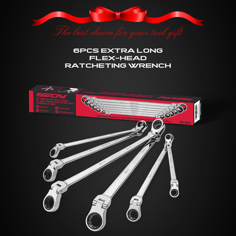 SEDY 6Pcs Extra Long Flex-Head Ratchet Spanner Set Double Box End Spanner 8-19mm V465-81057