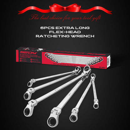 SEDY 6Pcs Extra Long Flex-Head Ratchet Spanner Set Double Box End Spanner 8-19mm V465-81057