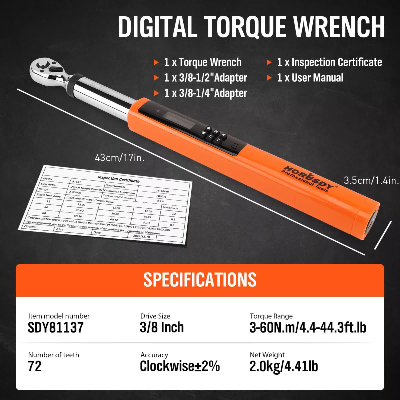 3/8" Drive Digital Torque Wrench Electronic Adjustable Torque Range 44ftlb V465-81137