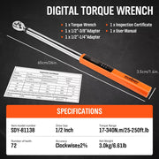 3Pc 1/2" Digital Torque Wrench Set Adjustable 17-340N.m / 25-250ft.lb Motorcycle V465-81138